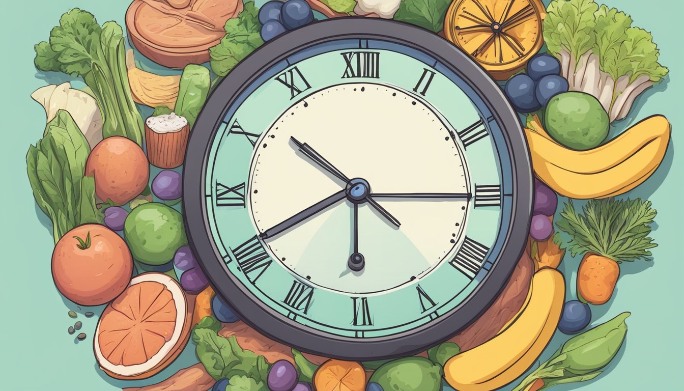 A clock showing specific eating and fasting times with keto-friendly foods