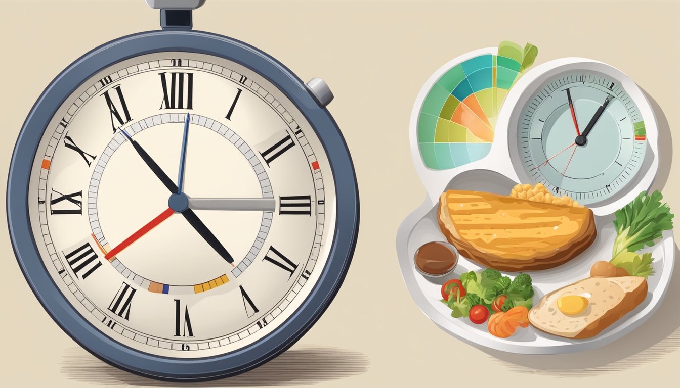 A clock showing different times of day with a plate of food and a cholesterol meter