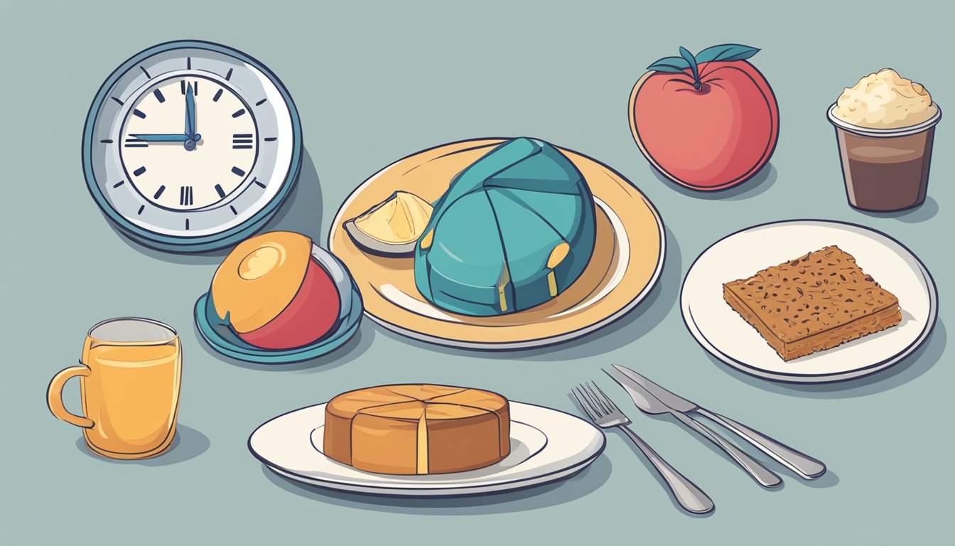 A clock showing the passing of time, a plate of food being consumed, and a graph showing blood sugar levels fluctuating