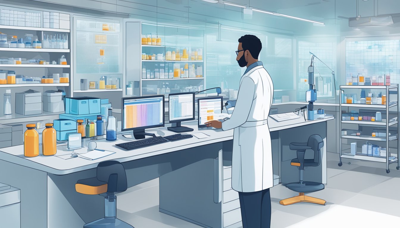 A researcher studying inflammation markers in a lab setting, surrounded by safety equipment and data charts