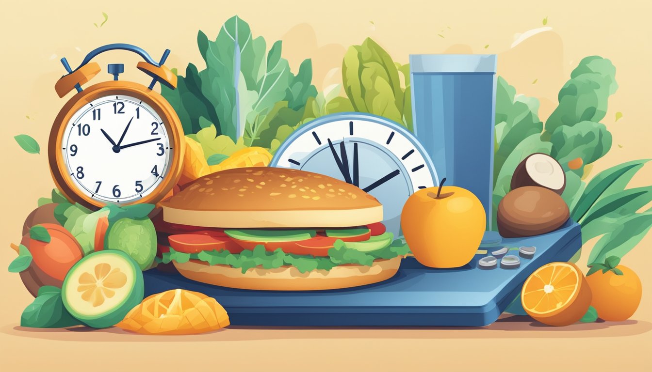 A clock set against a background of healthy food and exercise equipment, symbolizing the impact of intermittent fasting on metabolism