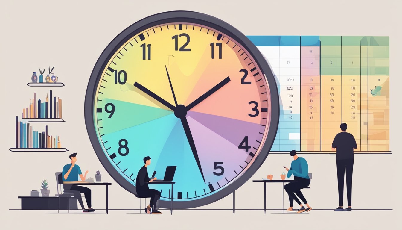 A clock showing different time intervals, a scale with fluctuating numbers, and a person eating at specific times throughout the day