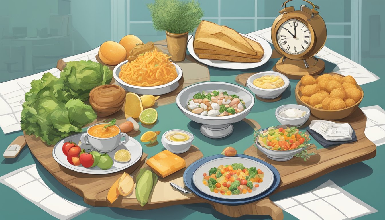 A table with a variety of foods, some labeled with "eating window" and "fasting window" times, surrounded by a clock and calendar