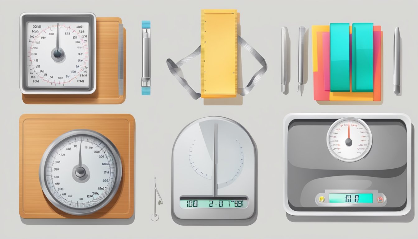 A scale with a before and after image, surrounded by various dieting tools and methods