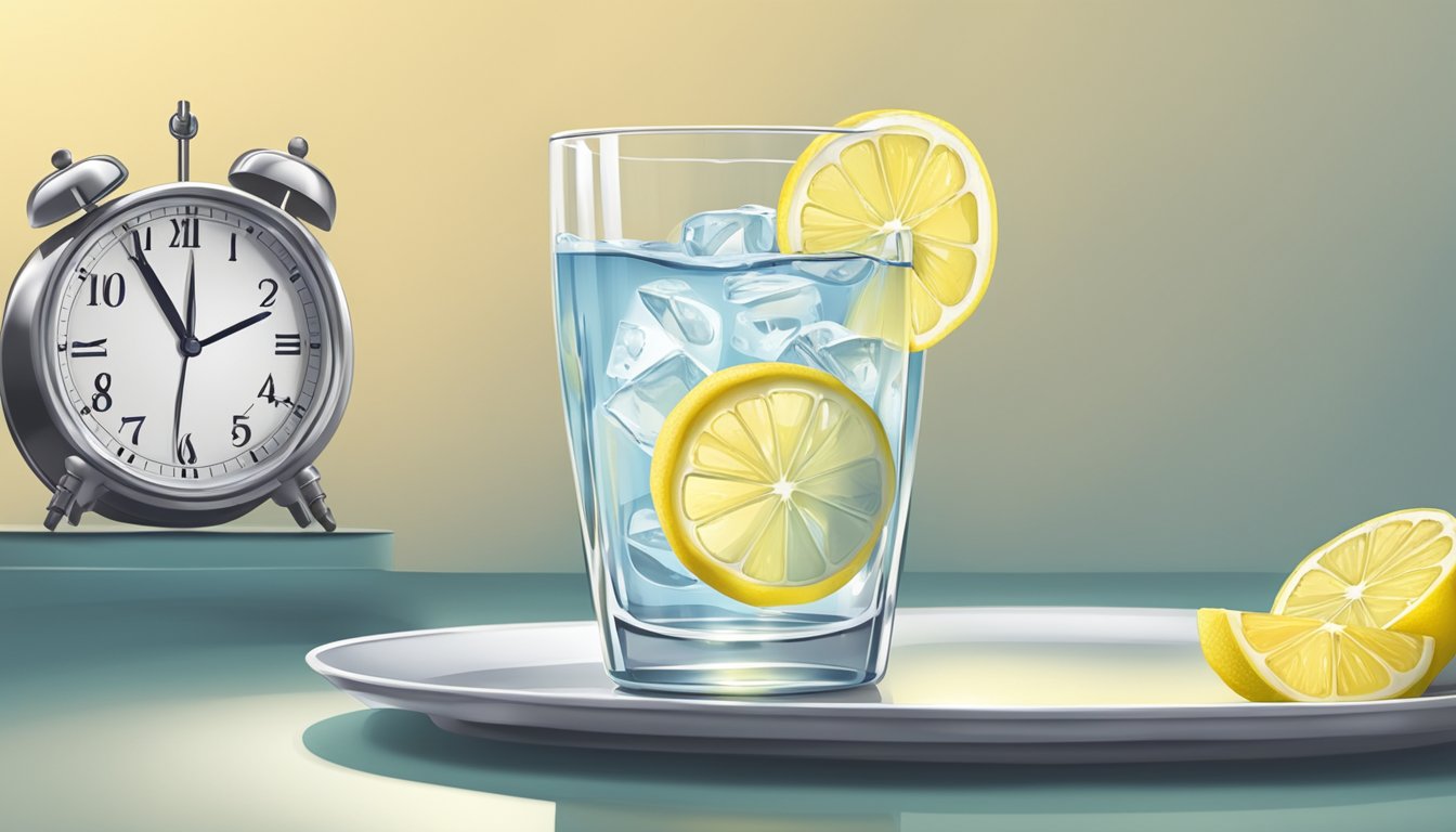 A glass of water with a slice of lemon beside a clock showing different times throughout the day