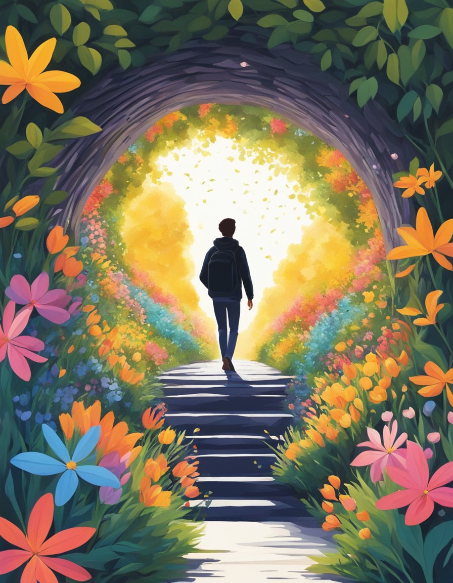 Silhouette of a human in a cave of colorful flowers while walking into the sunlight
