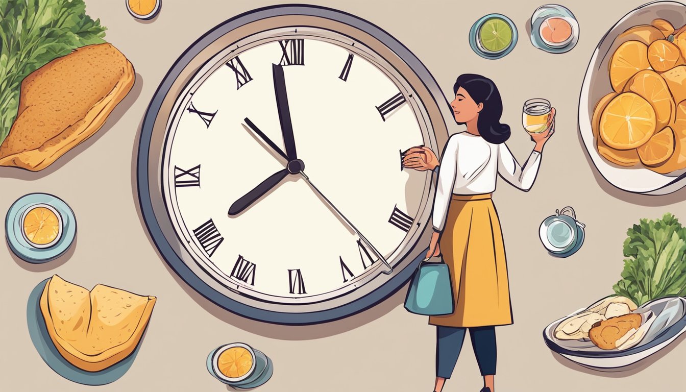 A woman's daily routine with a clock showing different times for eating and fasting