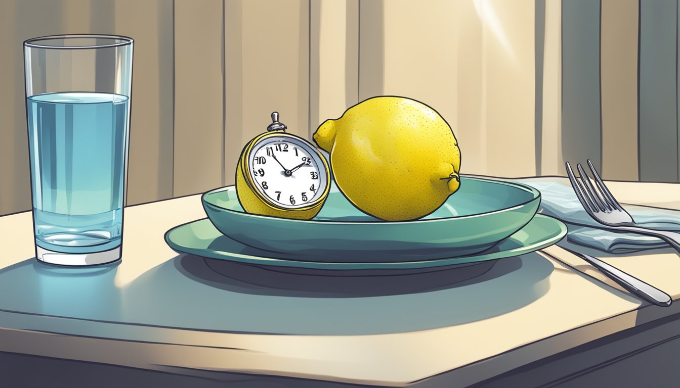 A lemon being sliced open next to a glass of water and a clock showing the time for intermittent fasting