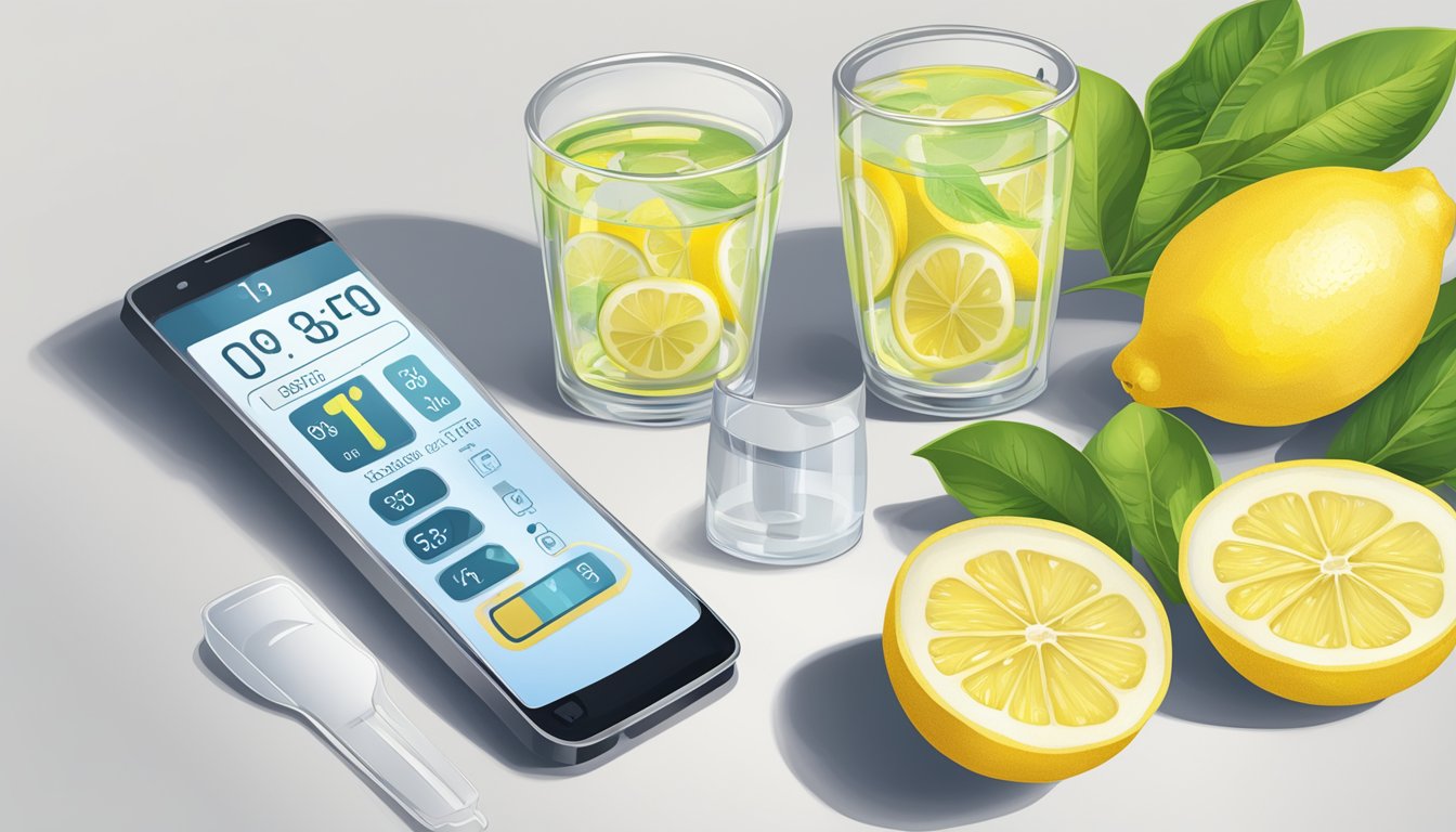 A glass of lemon water sits next to a calorie counter, emphasizing the role of calories in fasting