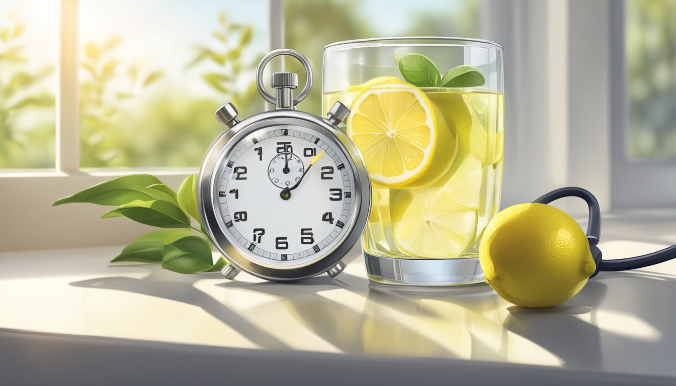 A glass of lemon water sits next to a stopwatch on a clean, white table. The morning sun casts a warm glow on the scene