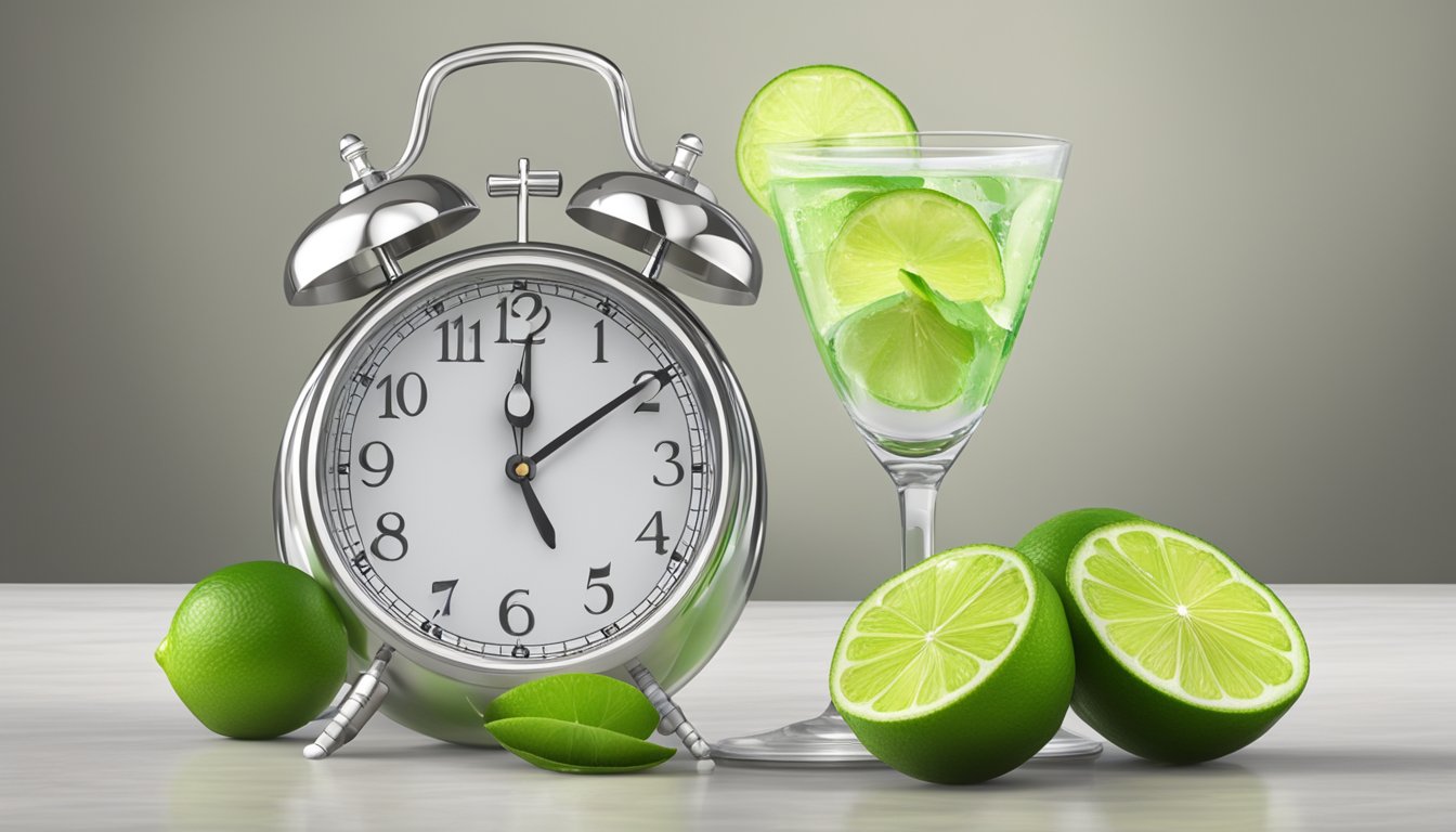 A glass of lime water sits next to a clock showing the time for fasting