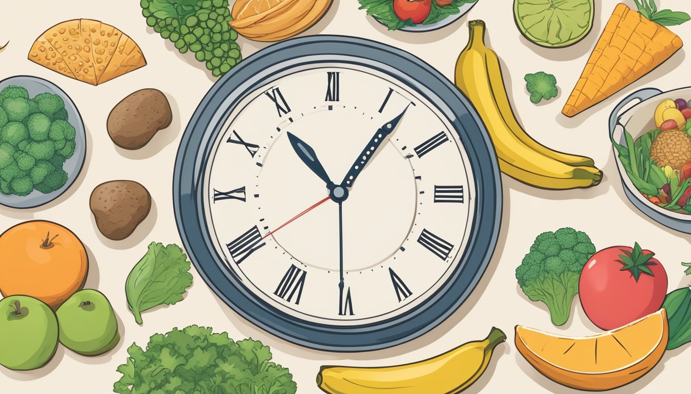 A person's meal schedule and food choices are shown alongside a clock to represent intermittent fasting. Fruits, vegetables, and lean proteins are included