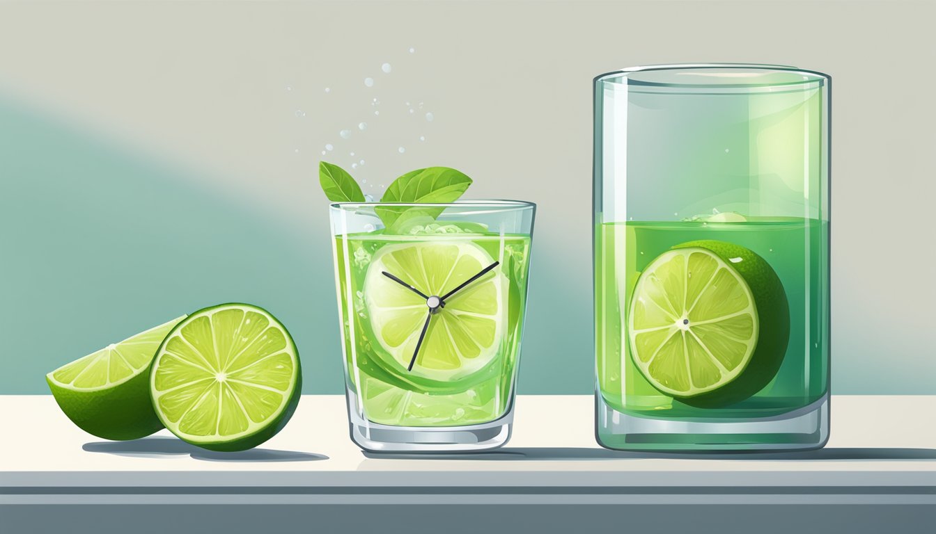 A glass of lime water sits next to a clock showing a time gap between meals