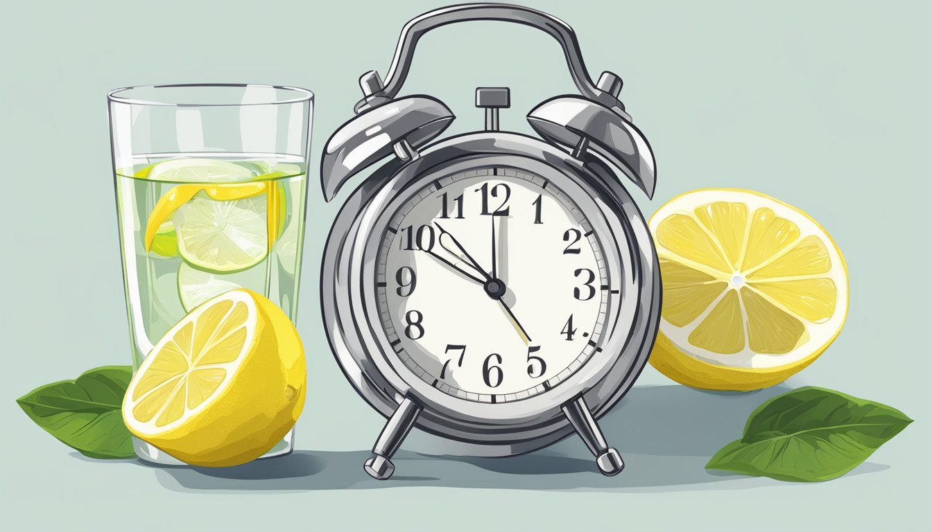 A glass of lemon water placed next to a clock showing the time for intermittent fasting