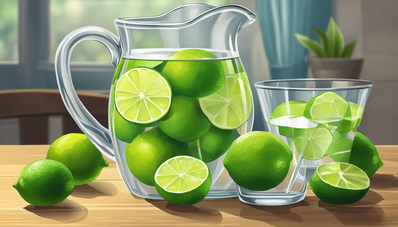 A clear glass pitcher filled with sliced limes and water sits on a wooden table, with a small bowl of sugar nearby