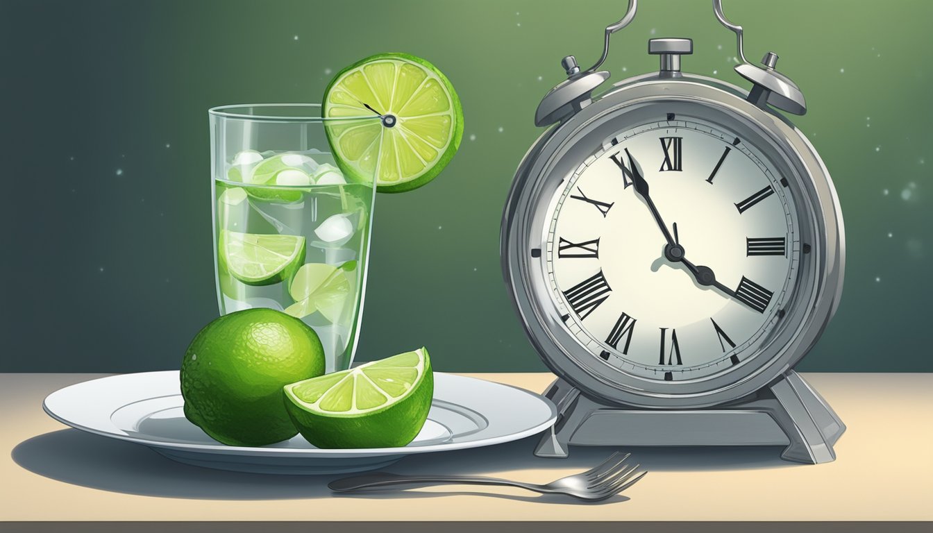 A glass of lime water sits untouched next to a ticking clock, surrounded by empty plates and a darkened room