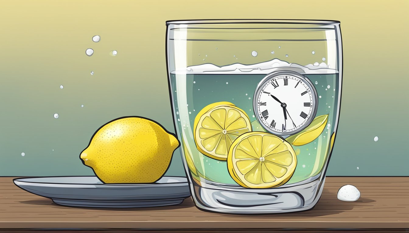 A glass of lemon water with a pinch of salt sits on a table next to a clock showing the time for intermittent fasting