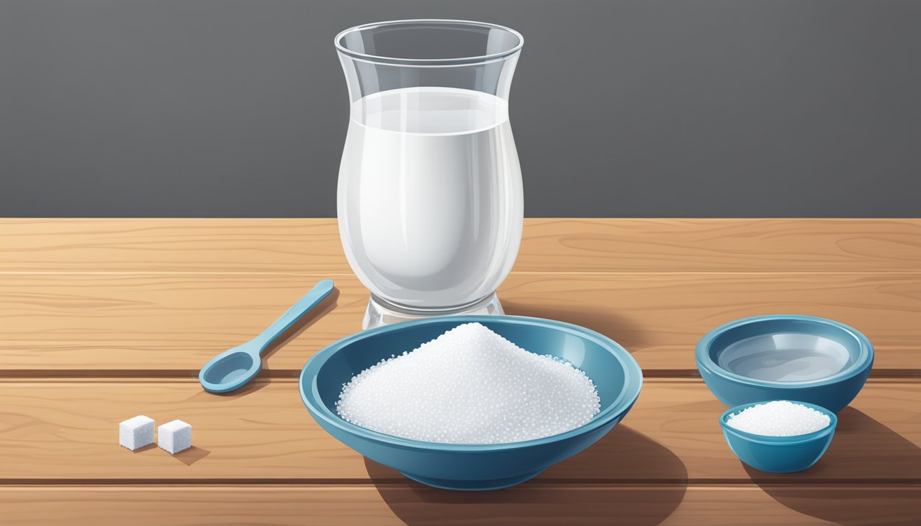 A glass of Liquid IV sits next to a bowl of its components, including salt and sugar, on a wooden table