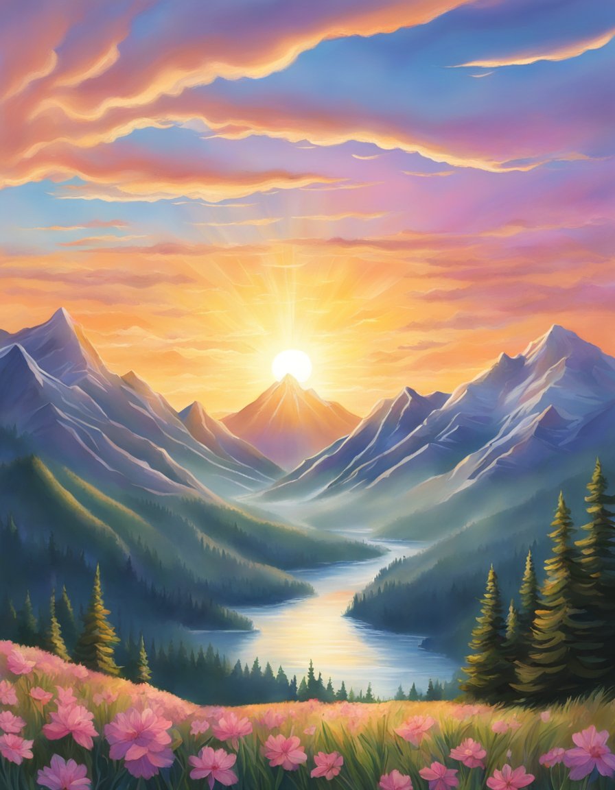 Digital artwork of sunset behind mountains with valley and flowers. Peaceful Colors.
