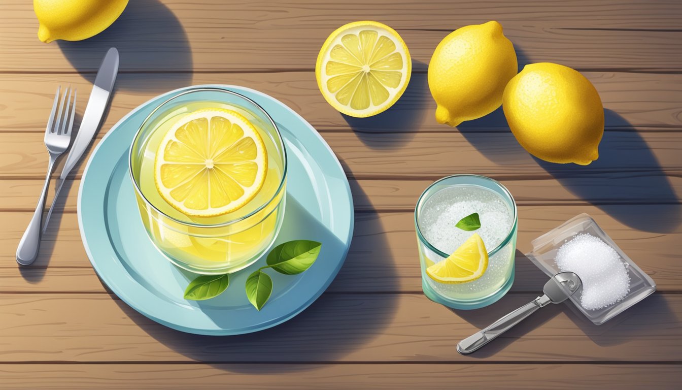 A glass of lemon water with a sprinkle of salt sits on a wooden table next to a stopwatch and a plate of untouched food