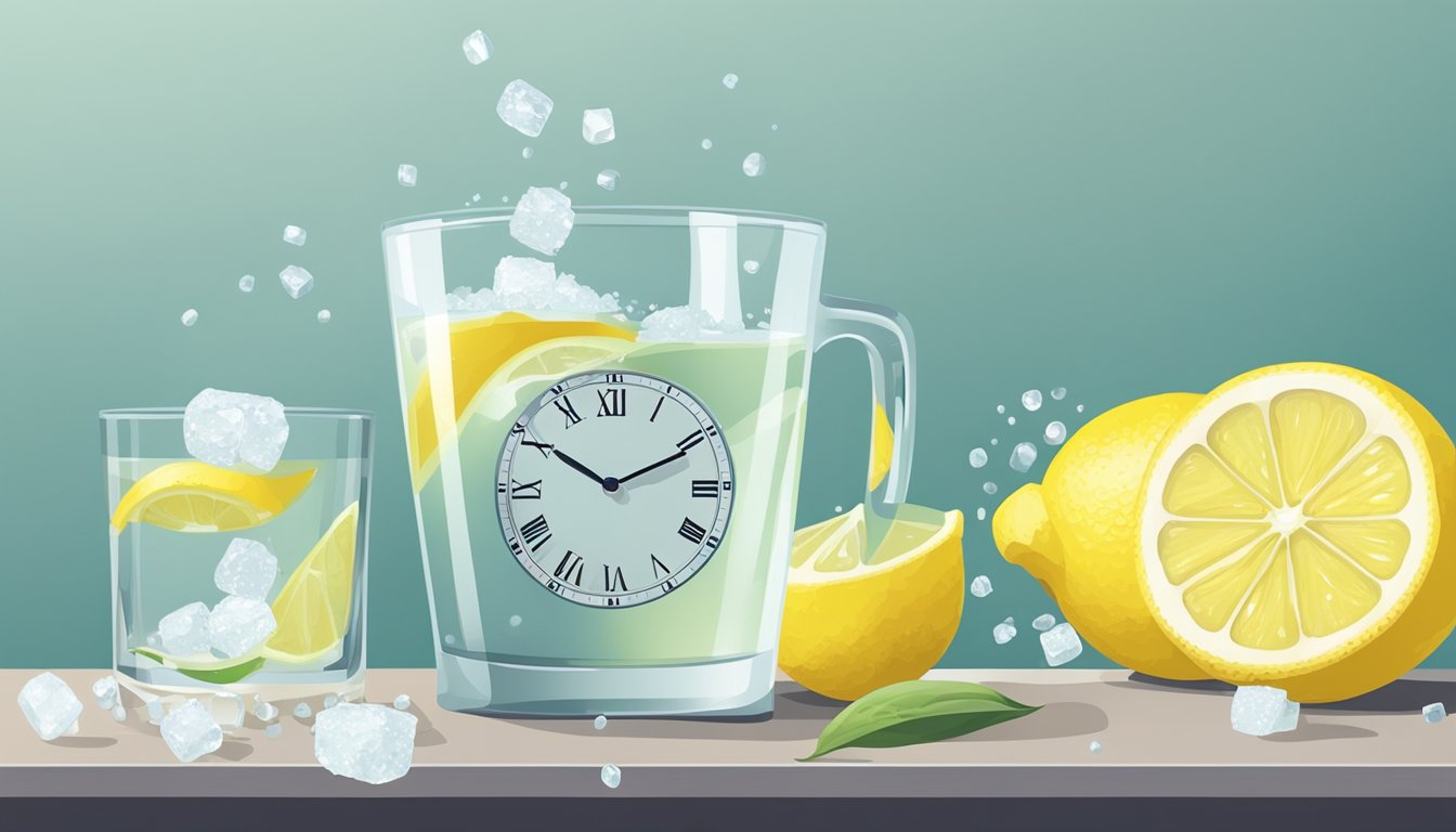 A glass of lemon water with salt next to a measuring spoon and a clock, representing the debate over its impact on intermittent fasting