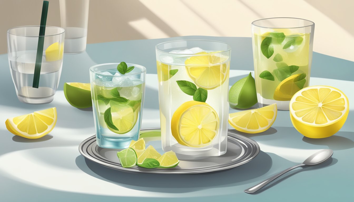 A glass of lemon water with a pinch of salt sits on a table, surrounded by various alternative beverages and fasting-friendly additions