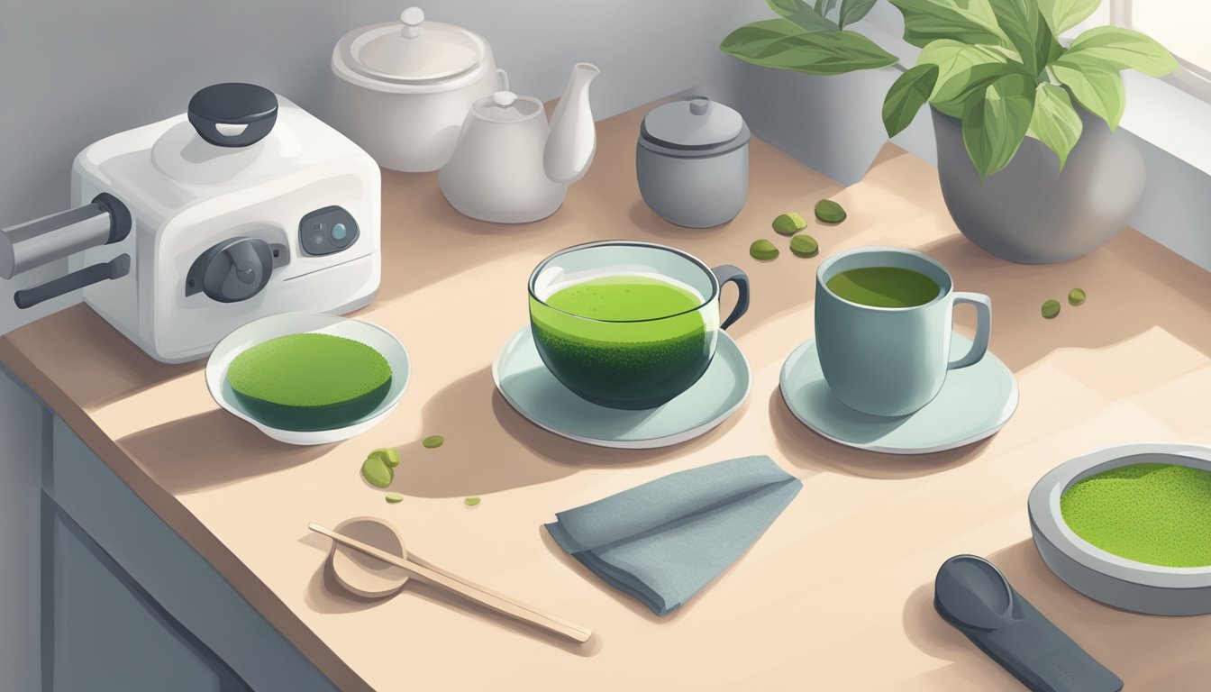 A serene, minimalist kitchen counter with a steaming cup of matcha tea and a timer set for fasting intervals