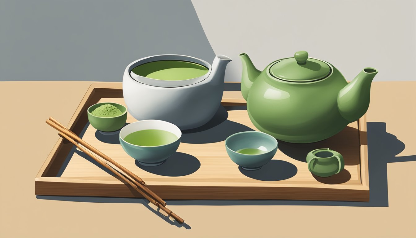 A serene, Japanese-inspired tea ceremony with a vibrant green matcha bowl, bamboo whisk, and delicate ceramic teapot on a wooden tray