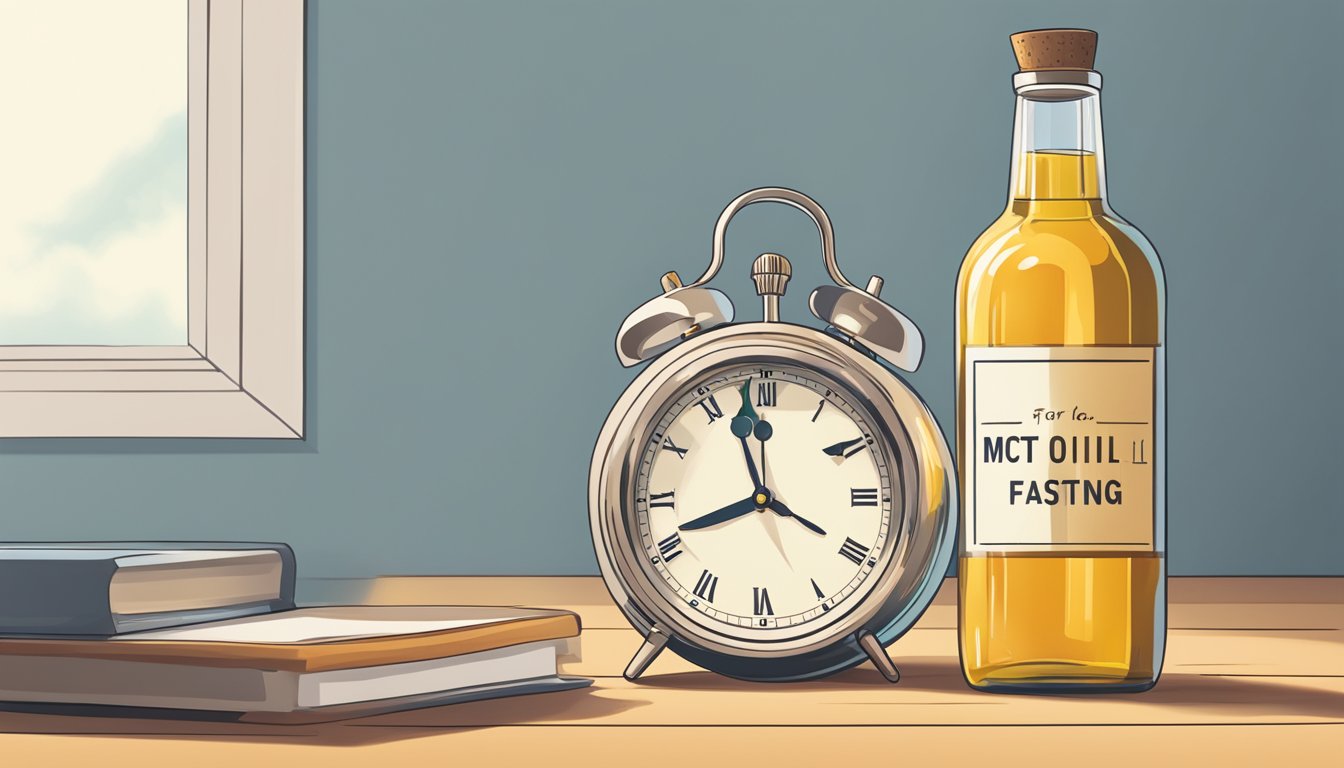 A bottle of MCT oil placed next to a clock showing the time for intermittent fasting