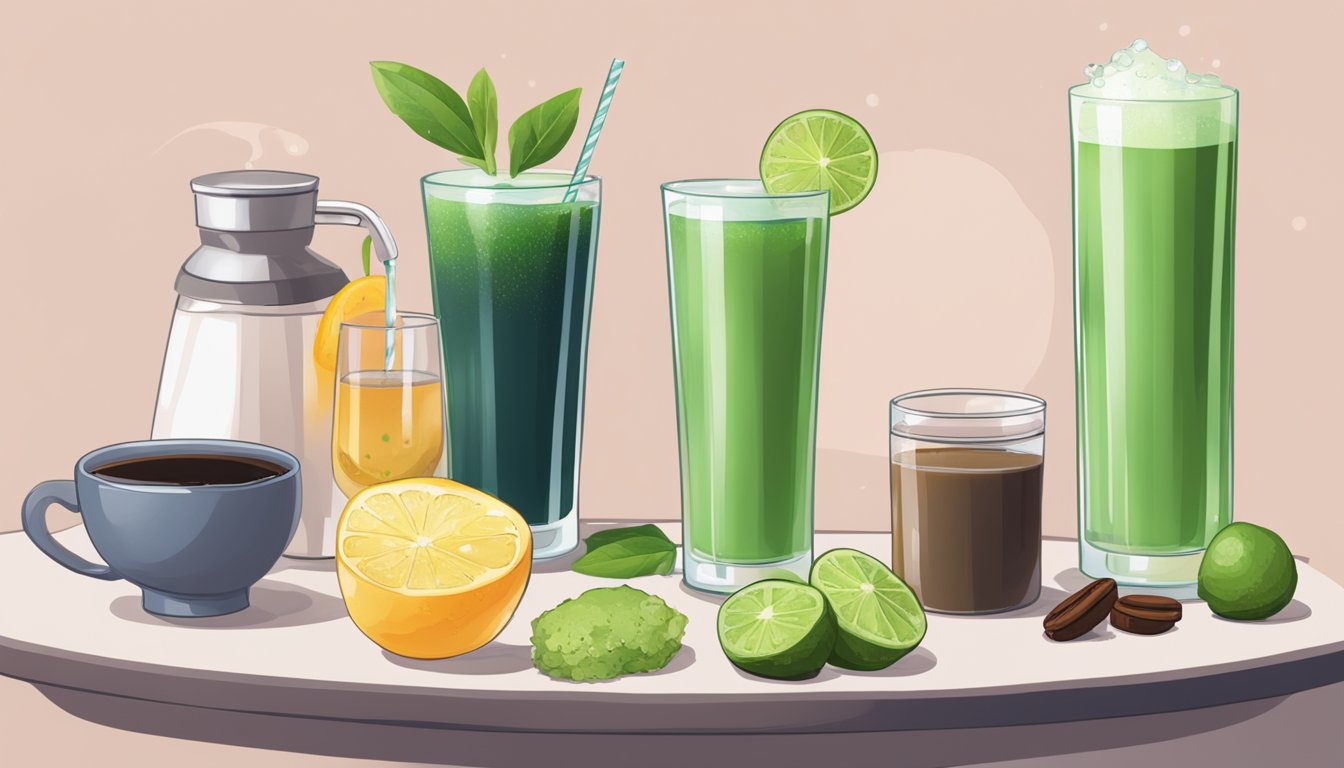 A table with various beverages: matcha, coffee, water, and juice. A clock in the background indicates intermittent fasting