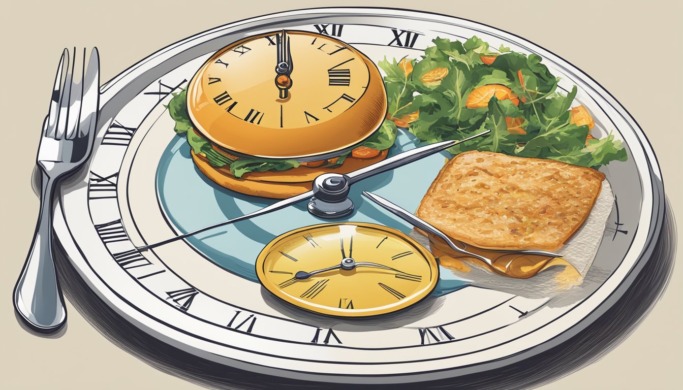 A clock showing the time between meals, a glass of water, and a plate of food untouched