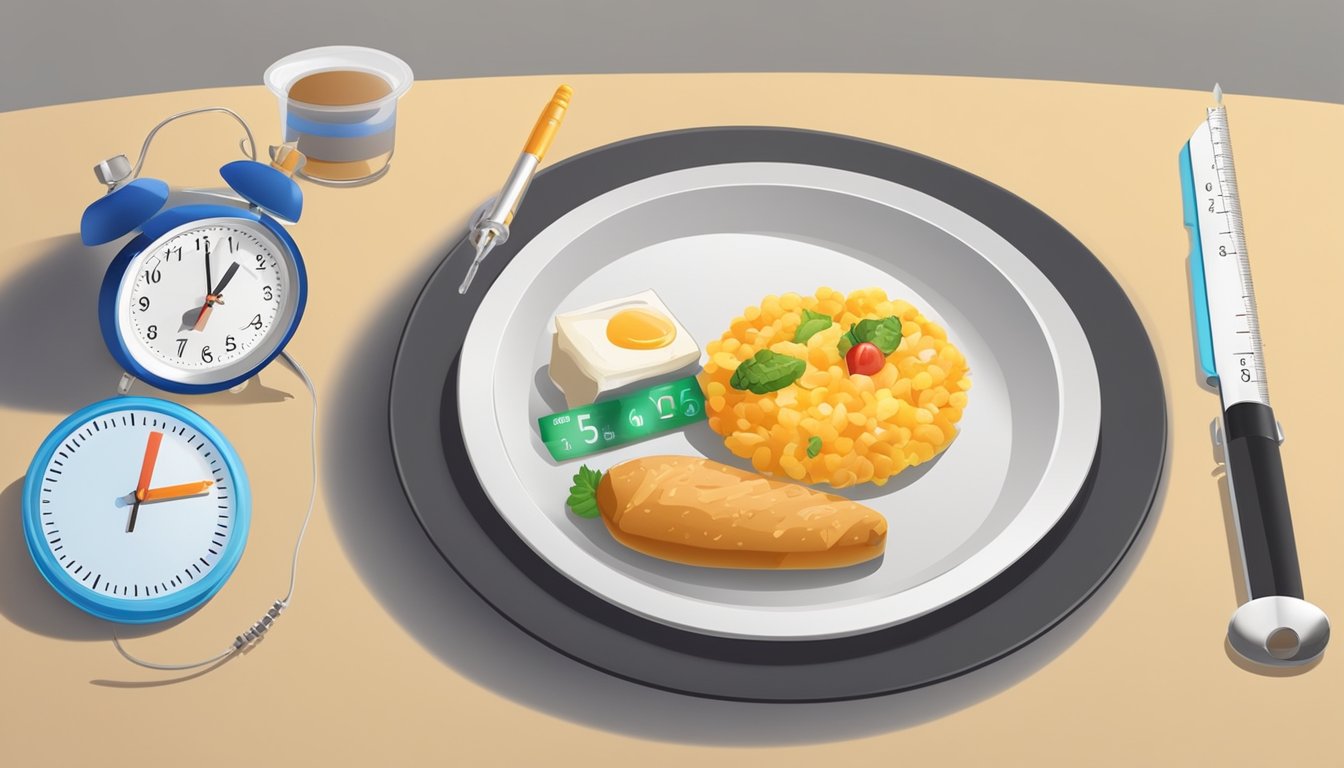 A plate of food with a calorie counter and a syringe with insulin, surrounded by a clock showing fasting time