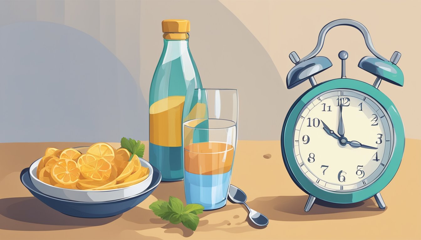 A clock showing the time passing between meals, with a bottle of mio sitting next to it