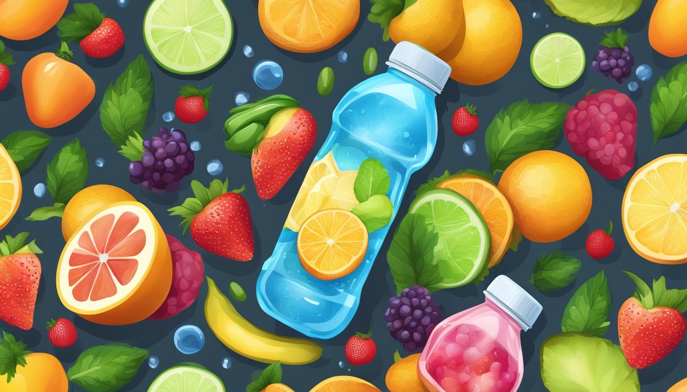 A water bottle with a splash of colorful electrolyte liquid, surrounded by fresh fruits and vegetables