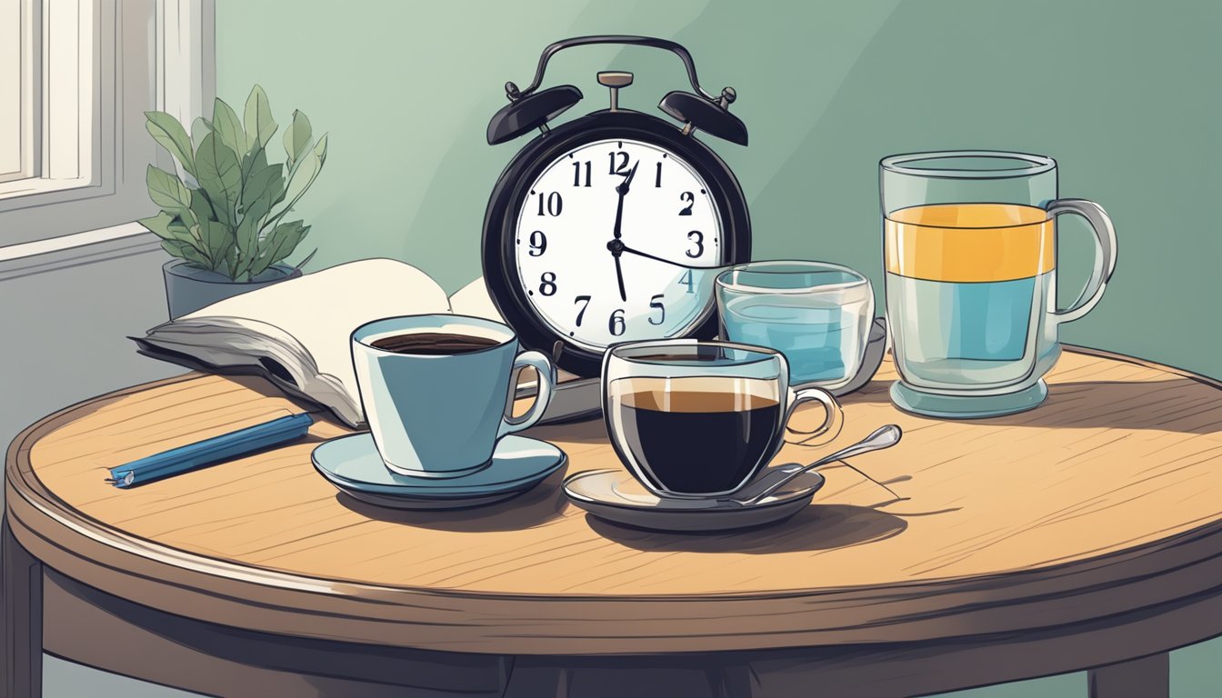 A clock showing 16 hours, a glass of water, black coffee, and herbal tea on a clean, uncluttered table