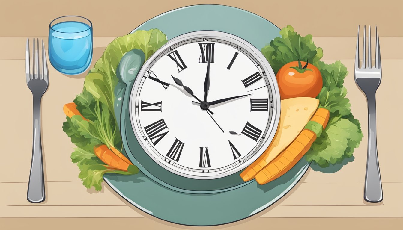 A clock showing the time between meals, a glass of water, and a plate of healthy food