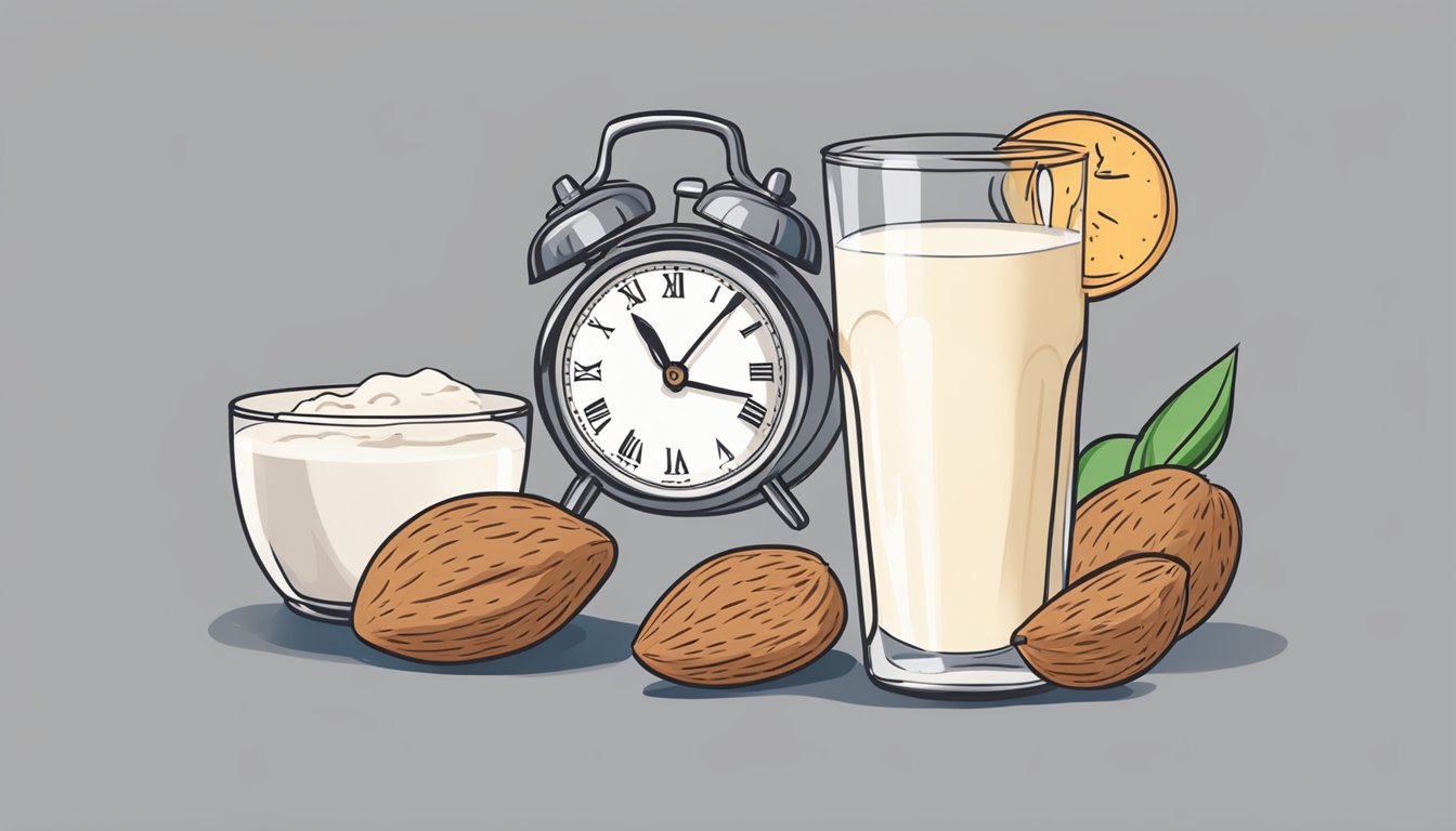 A glass of almond milk and a clock showing the time window for intermittent fasting, with a question mark above the milk