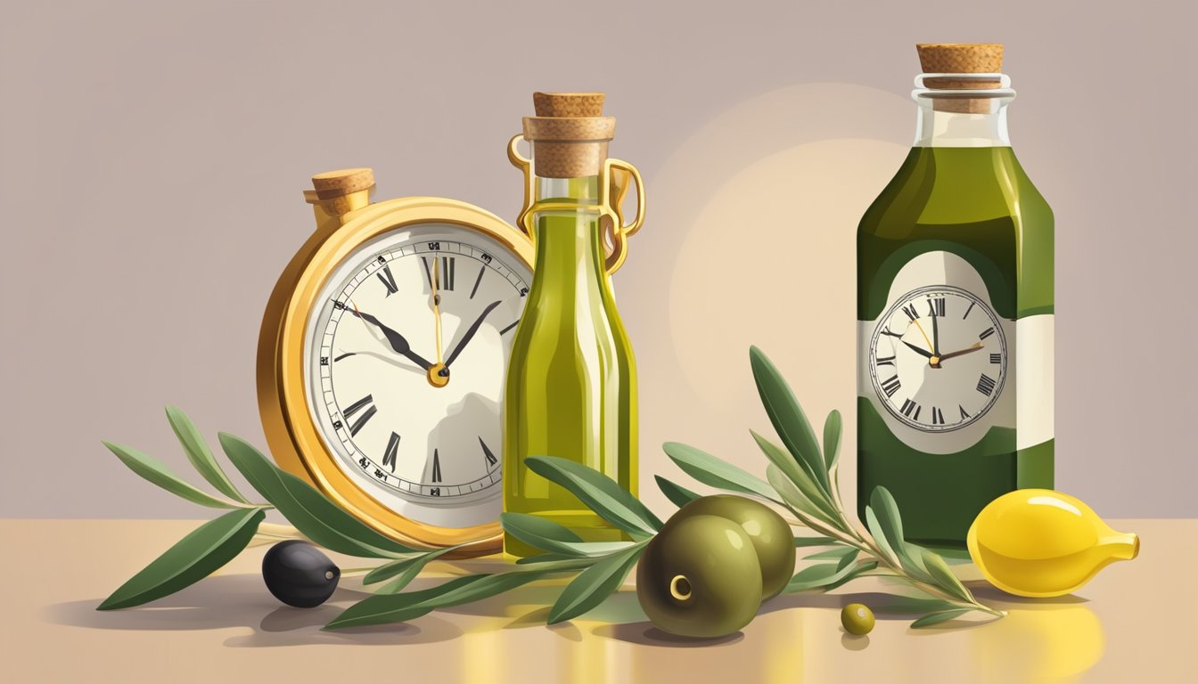 A bottle of olive oil sits next to a clock showing different times, symbolizing the concept of intermittent fasting and the question of whether olive oil breaks the fast