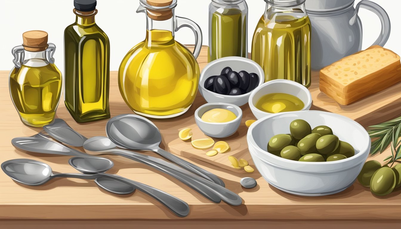 A kitchen counter with a bottle of olive oil, measuring spoons, and various foods, representing the concept of managing caloric intake with olive oil during intermittent fasting