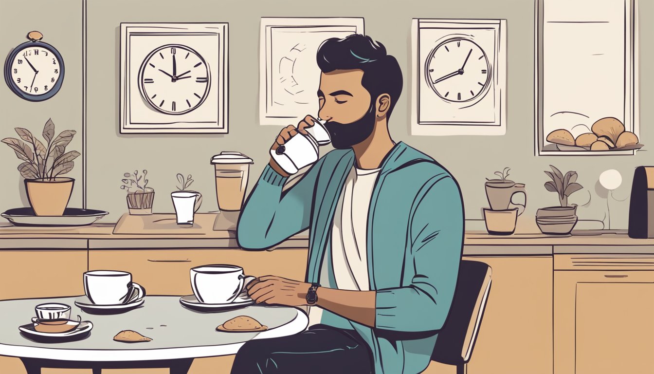 A person drinking mushroom coffee while looking at a clock, indicating the practical considerations for fasting with mushroom coffee