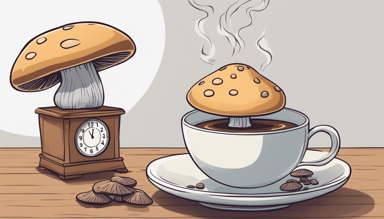 A steaming cup of mushroom coffee sits on a table next to a timer indicating the end of an intermittent fasting period