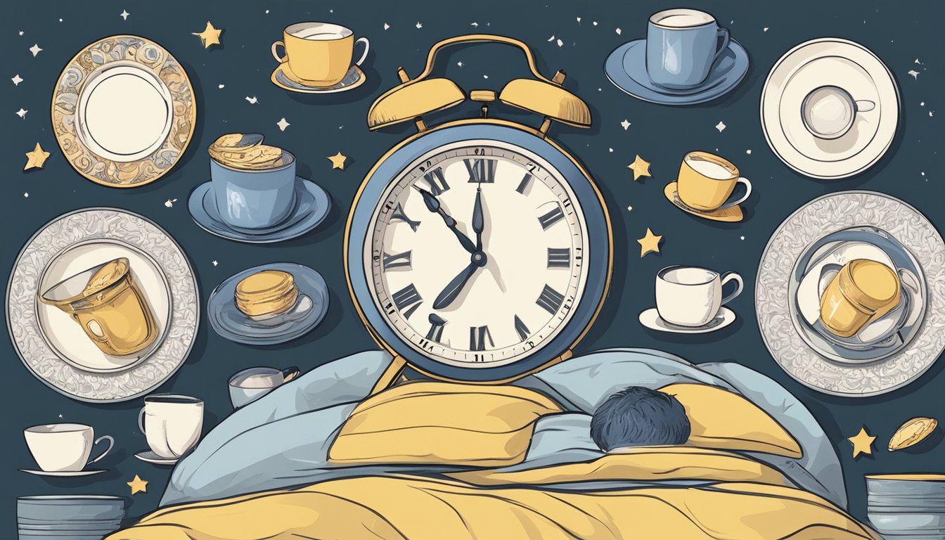 A clock showing midnight with a sleeping figure in bed, surrounded by empty plates and cups