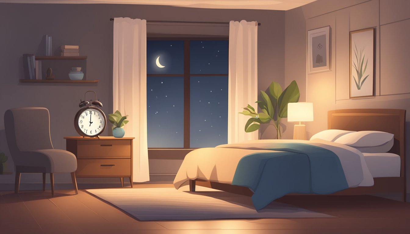 A serene bedroom with a dimly lit lamp on a nightstand, a cozy bed with soft blankets, and a clock showing the time indicating nighttime