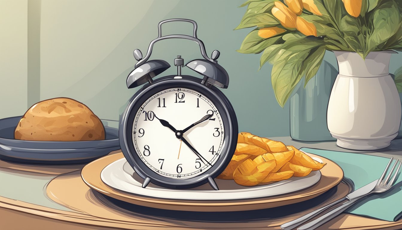 A clock on a bedside table with a plate of food next to it. The clock shows a time indicating the end of a fasting period