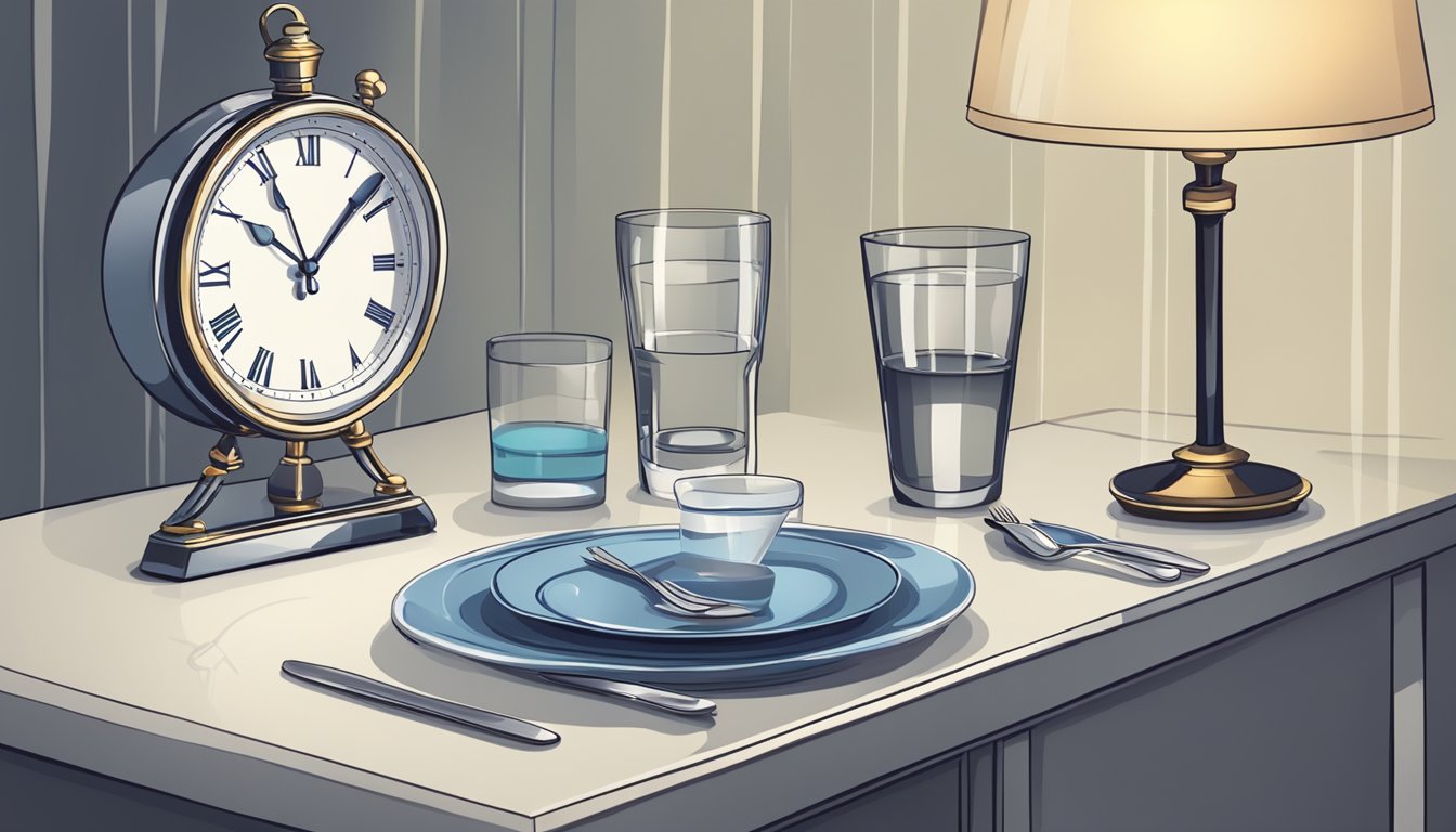 A clock showing midnight with an empty plate and glass of water on a bedside table