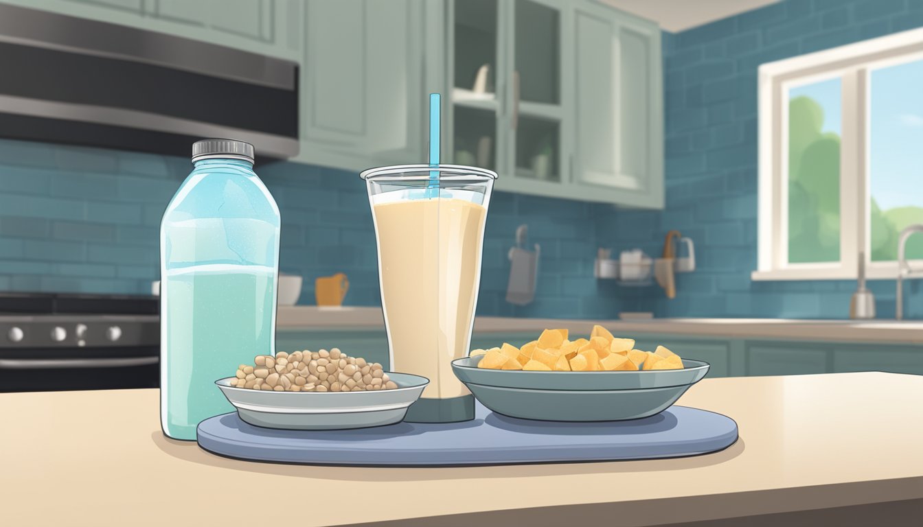 A protein shake sits on a kitchen counter next to a clock showing a 16-hour fasting window. An empty plate and a water bottle are also visible