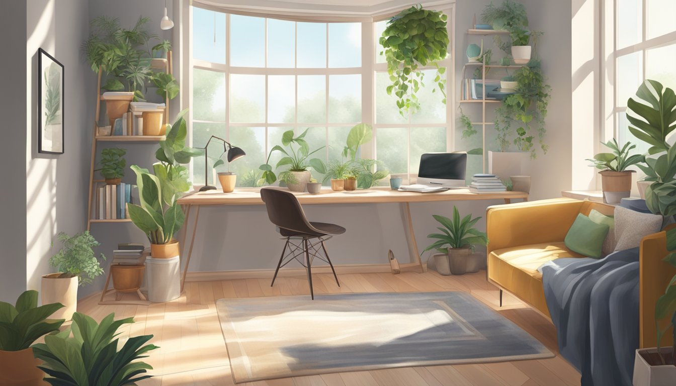 A peaceful, clutter-free workspace with a cozy reading nook and a plant-filled corner, bathed in natural light from a large window