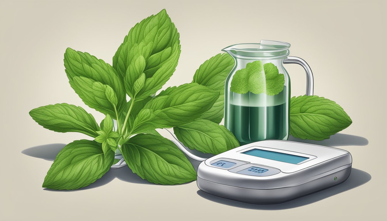 A stevia plant next to a blood sugar monitor during intermittent fasting