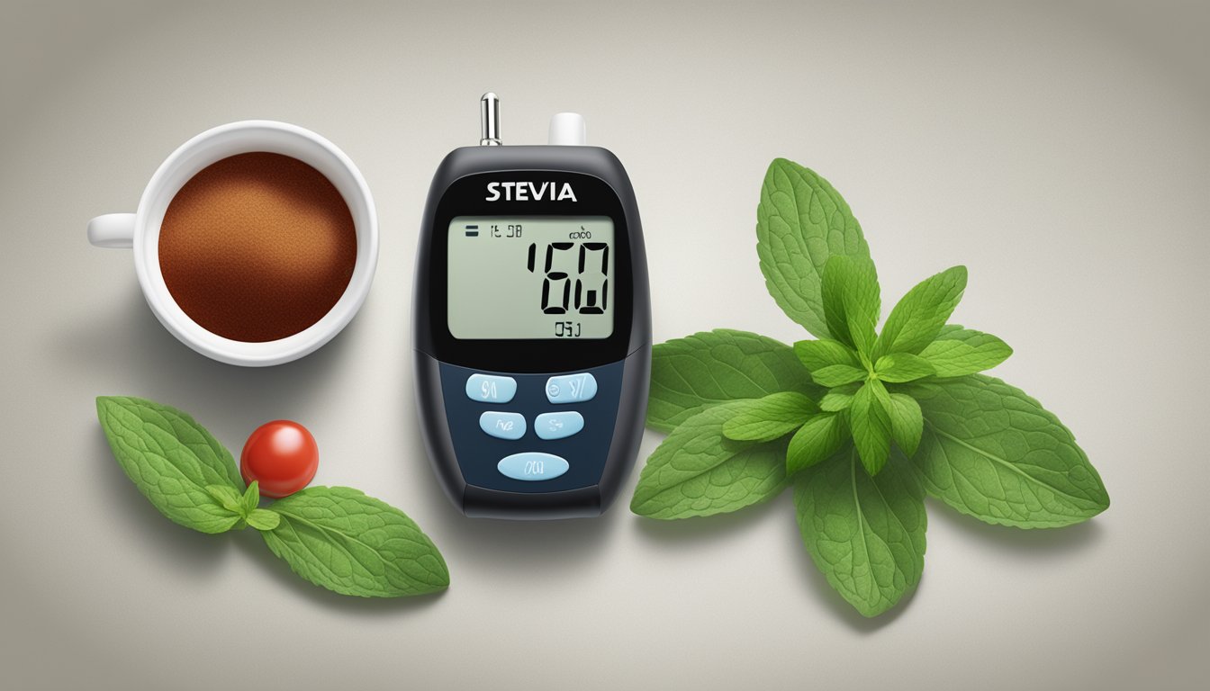 A stevia leaf and a blood sugar monitor sit side by side on a kitchen counter