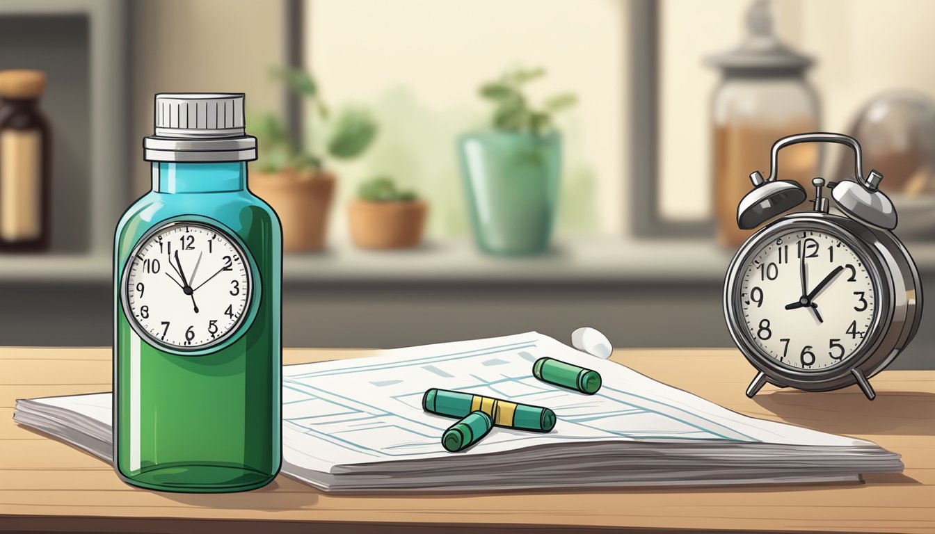 A bottle of over-the-counter medicine sits next to a clock showing the time for fasting